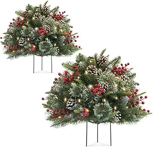 Outdoor Christmas Tree Frosted Urn Filler 2 Set with 50 Lights, Battery Operated Pre-lit Artificial Flocked Xmas Tree with Cones & Red Berries, Small Christmas Tree for Porch & Yard (White)