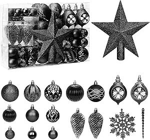 100PCS Christmas Balls Ornaments with Tree Topper, Black Shatterproof Hanging Xmas Tree Decorations