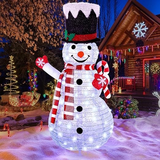 42-Inch Lighted Red Snowman Outdoor Christmas Decoration, Collapsible Snowman with Red Scarf and Snowflake Top Hat, Pre-Lit Holiday Yard Décor for Indoor & Outdoor Use