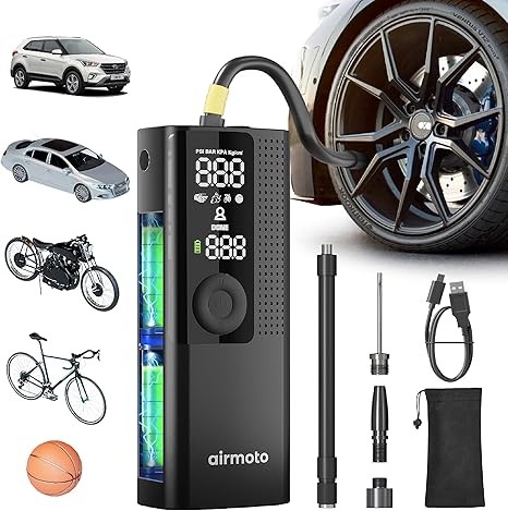 Airmoto Tire Inflator Portable Air Compressor - Air Pump For Car Tires with Digital Pressure Gauge, LED Light and Auto Shut-Off Function - Cordless Pump for Car, Motorcycle, Bicycle, Ball