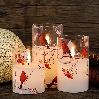 GenSwin Red Bird Glass Flameless Candles with Remote Timers, Battery Operated 3D Wick Led Flickering Light, Real Wax Pillar Candles for Christmas Home Decoration(Pack of 3, 3”x4”5”6”)