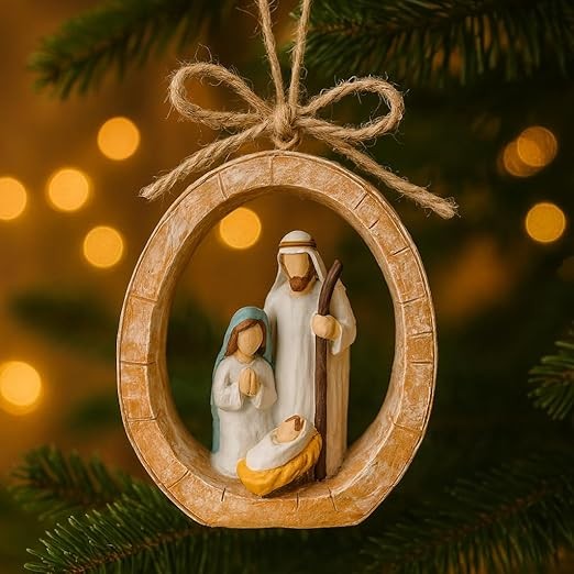 Holy Family Oval Nativity Set Hanging Christmas Ornament, Hand-Painted Resin with Jute Bow, Rustic Faux-Wood Ring, Religious Gift Xmas Tree/Wreath Décor (Nativity Scene)