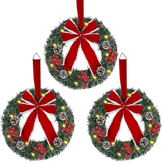 Hausse Set of 3 Christmas Wreaths, Lighted Artificial Christmas Wreath with Large Red Bow & Ornaments, Battery Operated with LED Lights, for Front Door Gate Wall Christmas Party Decorations