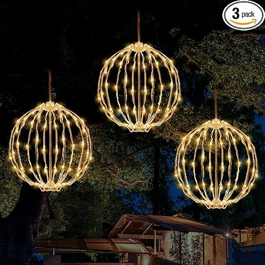 Set of 3 Christmas LED Light Balls, Hanging Tree Globe Lights - Fold Flat Metal Frame, Indoor/Outdoor Decoration (Warm White)