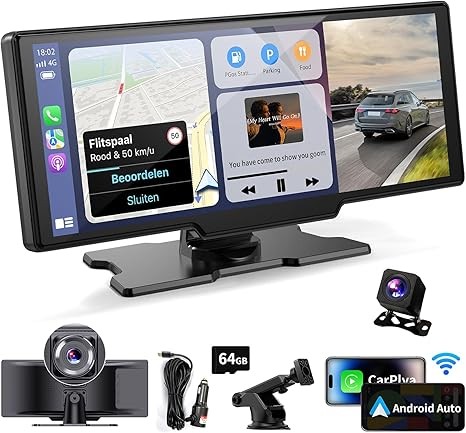 Wireless Portable Carplay Screen for Car - 10.26Inch Carplay & Android Auto Car Touch Stereo, with 4K Dash Cam, Backup Camera,Bluetooth,GPS Navigation