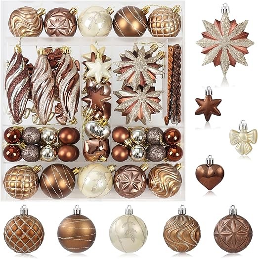 82Pcs Brown and Gold Christmas Ornaments Set, Shatterproof Medium Christmas Ball Ornaments, Christmas Decorations Hanging Ornaments for Xmas Trees, Holiday, Party Decor (Brown & Gold)