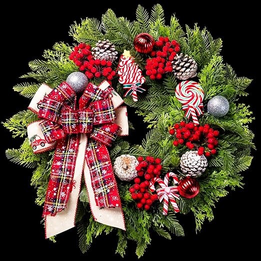 Christmas Wreaths for Front Door, 20 Inch Lighted Artificial Christmas Door Wreath with Christmas Ball Bow, Holiday Decorations