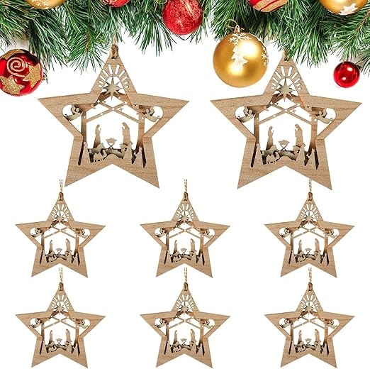 Blulu 8 Pieces Christmas Nativity Scene Ornaments Set Bulk 3D Christian Wooden Hanging Ornament Xmas Tree Nativity Ornaments The Birth of Jesus Story Decor Religious Gift for Family (Star Shaped)