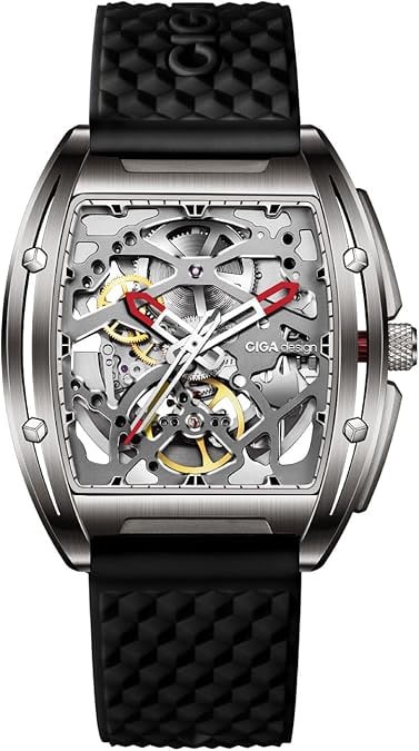CIGA Design Skeleton Watch Z Series Titanium Automatic Mechanical Wristwatch Sapphire Tonneau Analog Men's Watches 3ATM Waterproof with Removable Silicone and Leather Strap Unisex Steampunk Gift
